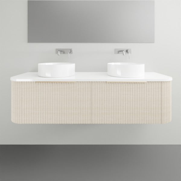 Timberline Santos Apollo wall hung fluted vanity with white top and double above-counter basins, front view
