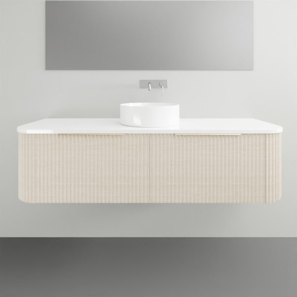 Timberline Santos Apollo wall hung vanity with fluted beige front, white top and above counter basin in bathroom setting