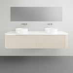 Timberline Santos Apollo fluted wall hung vanity with white top and two above counter basins in a bathroom setting