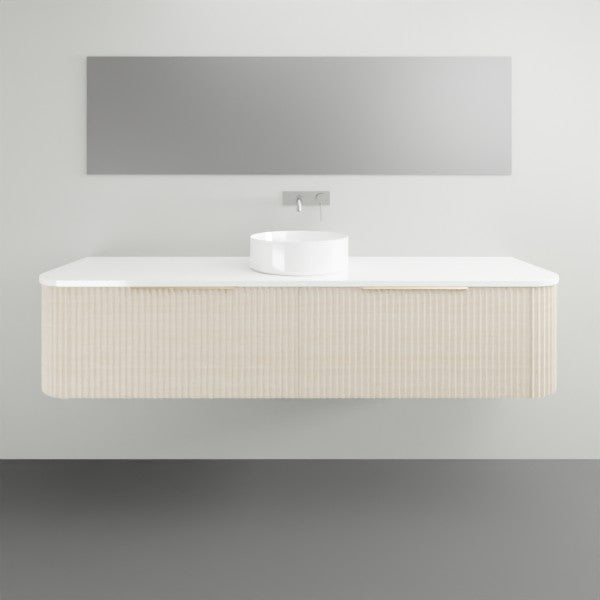 Timberline Santos Apollo wall hung vanity with fluted beige front, white top and round above counter basin