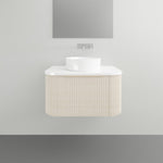 Timberline Santos Apollo fluted wall hung vanity in light timber finish with white above counter basin and top