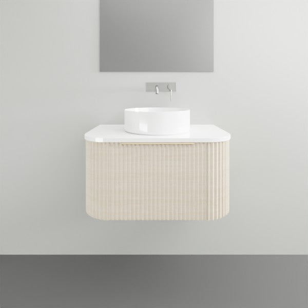 Timberline Santos Apollo fluted wall hung vanity in light timber finish with white above counter basin and top