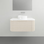 Timberline Santos Apollo fluted wall hung vanity with white top and above counter basin in a modern bathroom scene