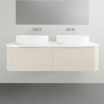 Timberline Santos Dockland fluted wall hung vanity in light woodgrain with white top and double above counter basins