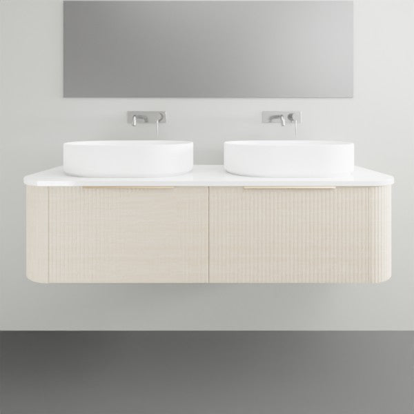 Timberline Santos Dockland fluted wall hung vanity in light woodgrain with white top and double above counter basins