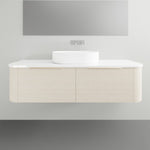 Timberline Santos Dockland wall hung vanity with fluted curved fronts, white top and above counter basin in a bathroom setting
