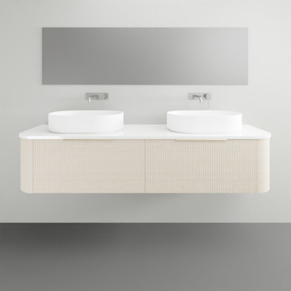 Timberline Santos Dockland wall hung vanity in light woodgrain with white top and twin above counter basins