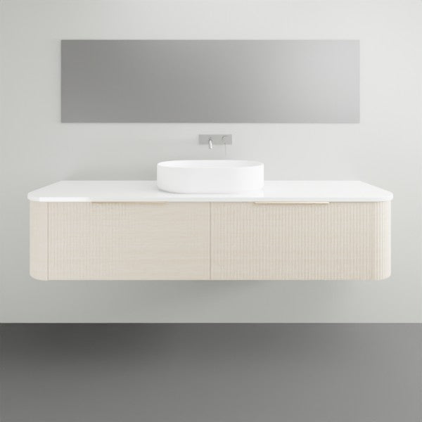 Timberline Santos Dockland wall hung vanity with fluted curved front, white above counter basin and white top