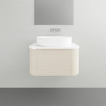Timberline Santos Dockland wall hung vanity with fluted light oak finish, white SilkSurface top and above counter basin