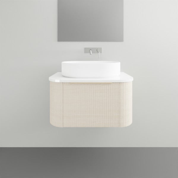 Timberline Santos Dockland wall hung vanity with fluted light oak finish, white SilkSurface top and above counter basin