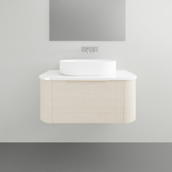 Timberline Santos Dockland fluted wall hung vanity in light wood finish with white above counter basin and top