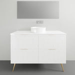 Timberline Sutherland House Deco white floor-standing vanity with centre basin and brass legs