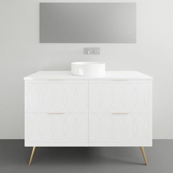 Timberline Sutherland House Deco white floor-standing vanity with centre basin and brass legs