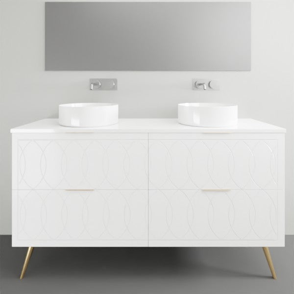 Timberline Sutherland House Deco freestanding vanity in white, with brushed brass legs and twin drawers in a bathroom setting