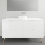 Timberline Sutherland House Deco white freestanding vanity with art deco drawers, brass legs and round basin in bathroom setting