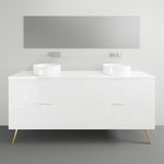 Timberline Sutherland House Deco white freestanding vanity with drawers, twin round basins and brass legs in a bathroom setting