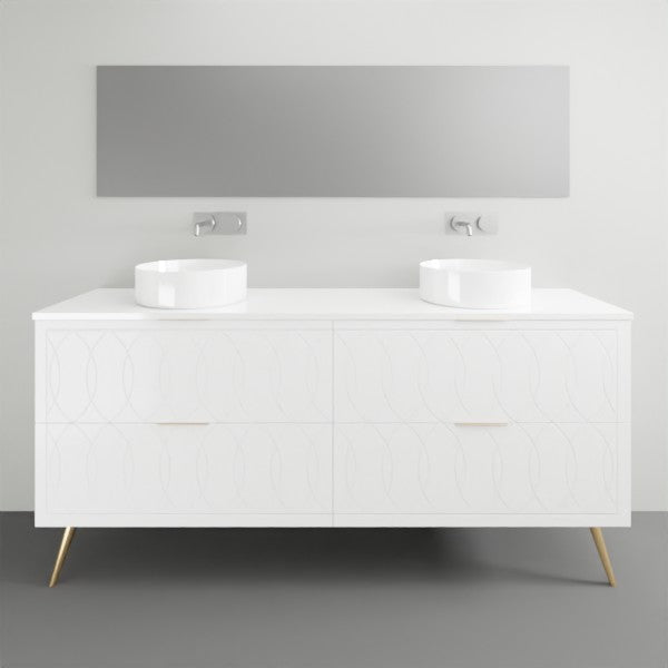 Timberline Sutherland House Deco white freestanding vanity with drawers, twin round basins and brass legs in a bathroom setting