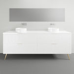 Timberline Sutherland House Deco white freestanding vanity with two drawers, brushed gold legs and twin basins in bathroom setting