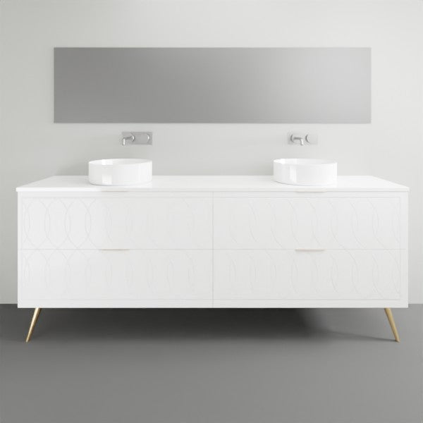 Timberline Sutherland House Deco white freestanding vanity with two drawers, brushed gold legs and twin basins in bathroom setting