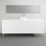 Timberline Sutherland House Deco freestanding vanity in white, front view with two drawers and angled metal legs