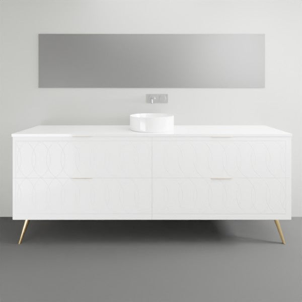 Timberline Sutherland House Deco freestanding vanity in white, front view with two drawers and angled metal legs