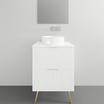 Timberline Sutherland House Deco floor-standing vanity in white with Art Deco drawer fronts and angled legs, front view