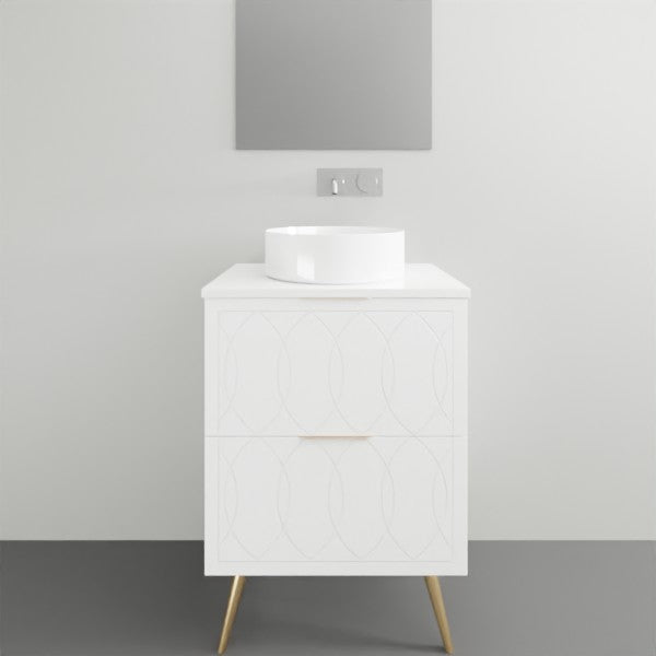 Timberline Sutherland House Deco floor-standing vanity in white with Art Deco drawer fronts and angled legs, front view