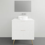 Timberline Sutherland House Deco white floor-standing vanity with centre bowl basin and gold legs