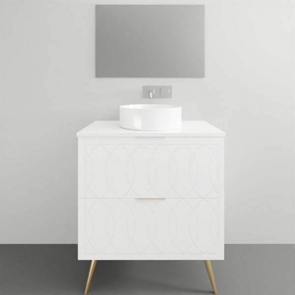 Timberline Sutherland House Deco white floor-standing vanity with centre bowl basin and gold legs