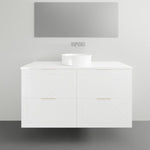 Timberline Sutherland House white wall hung vanity with white top and round basin, front view, farmhouse style