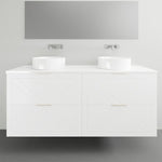 Timberline Sutherland House wall hung vanity in white, 1800mm double bowl with round above-counter basins, front view