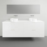 Timberline Sutherland House wall hung vanity, white farmhouse style, with double bowls and flat top view