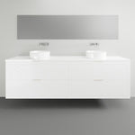 Timberline Sutherland House wall hung vanity in white, front view with double basin and simple farmhouse drawer fronts