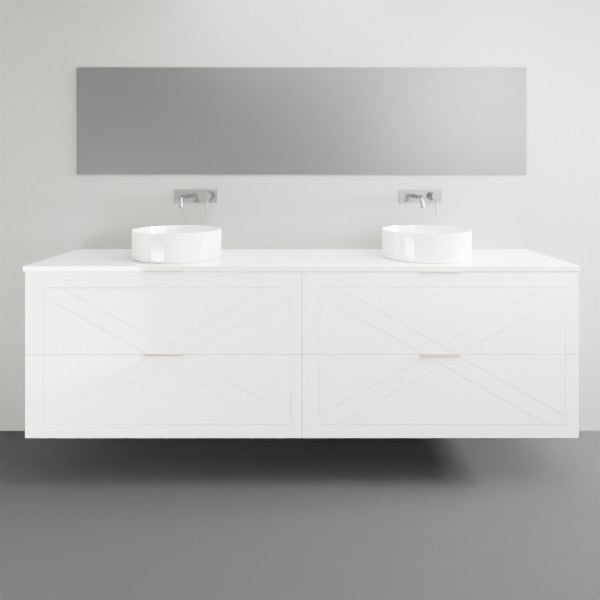 Timberline Sutherland House wall hung vanity in white, front view with double basin and simple farmhouse drawer fronts