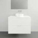 Timberline Sutherland House wall hung vanity with white top and round centre basin, front view, in white finish