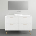 Timberline Sutherland House Regency white freestanding vanity with round basin and gold legs, front view