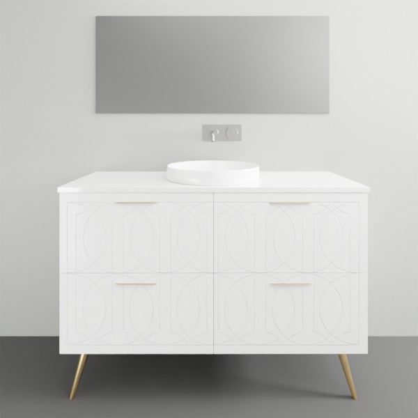Timberline Sutherland House Regency white freestanding vanity with round basin and gold legs, front view
