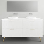 Timberline Sutherland House Regency floor-standing vanity in white, with double round basins and slim gold legs in bathroom setting