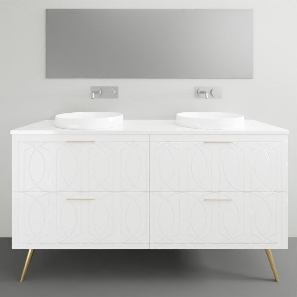Timberline Sutherland House Regency floor-standing vanity in white, with double round basins and slim gold legs in bathroom setting