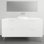 Timberline Sutherland House Regency freestanding vanity in white, with centre bowl, gold legs and handles