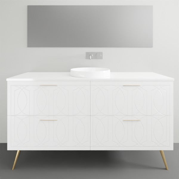 Timberline Sutherland House Regency freestanding vanity in white, with centre bowl, gold legs and handles