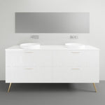 Timberline Sutherland House Regency freestanding vanity in white, with drawer fronts and gold legs, shown front on with double basins