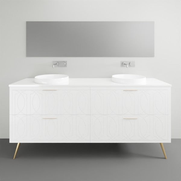 Timberline Sutherland House Regency freestanding vanity in white, with drawer fronts and gold legs, shown front on with double basins