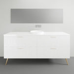 Timberline Sutherland House Regency white freestanding vanity with drawers, above-counter basin and gold legs, front view