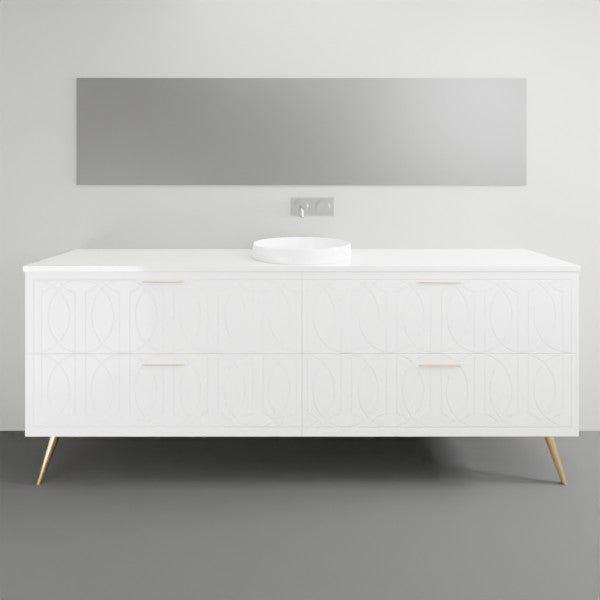 Timberline Sutherland House Regency freestanding vanity in white with gold legs and round basin, front view