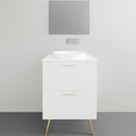 Timberline Sutherland House Regency freestanding vanity in white with gold legs, front view, with round basin top