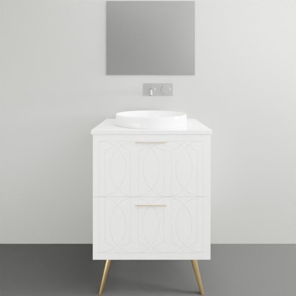Timberline Sutherland House Regency freestanding vanity in white with gold legs, front view, with round basin top