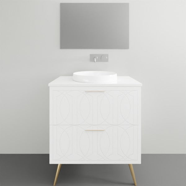 Timberline Sutherland House Regency floor-standing vanity in white with gold legs and round white basin