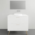 Timberline Sutherland House Regency freestanding vanity, white finish with round basin and gold legs, front view