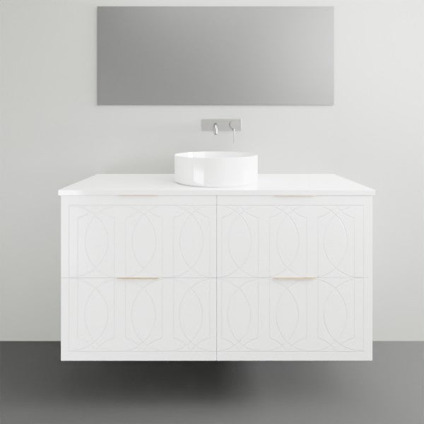 Timberline Sutherland House Regency wall hung vanity in white with centre bowl and carved drawer fronts